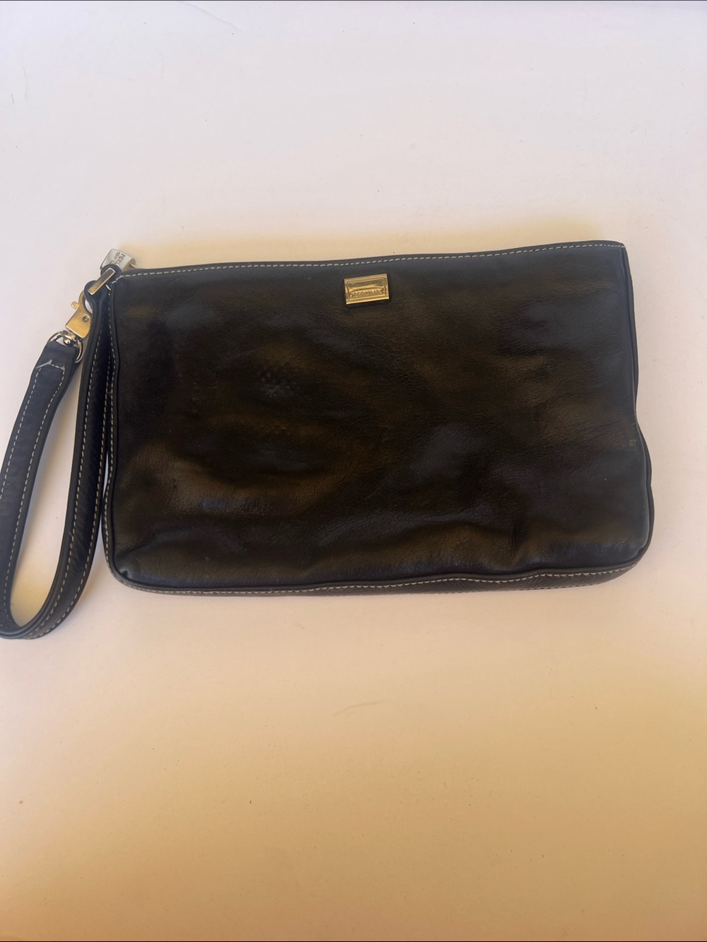Perlina Black Leather Wristlet with Gold Plaque